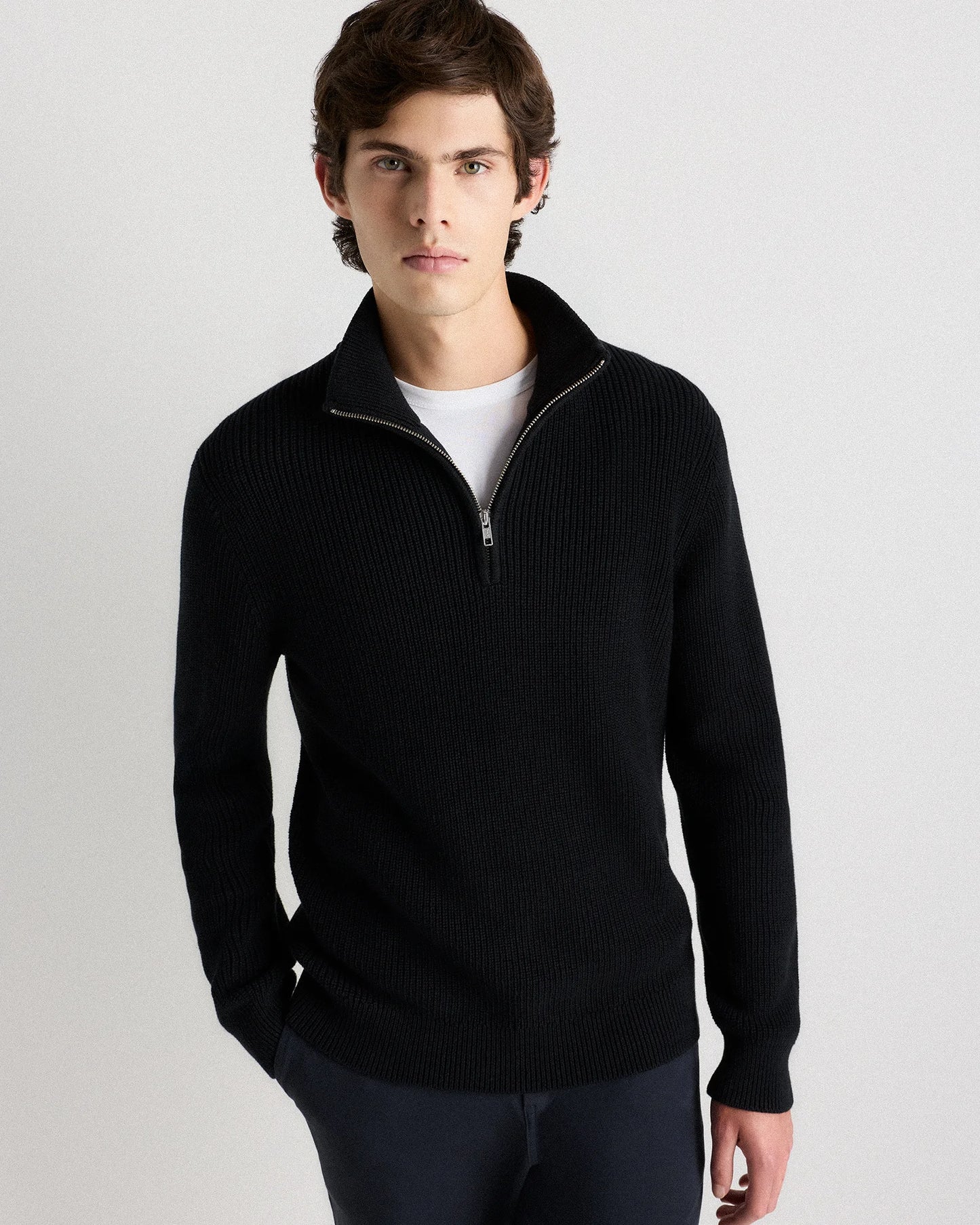 100% Organic Cotton Ribbed Quarter-Zip Sweater - S / Navy