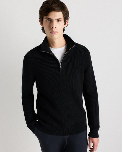 100% Organic Cotton Ribbed Quarter-Zip Sweater - S / Navy
