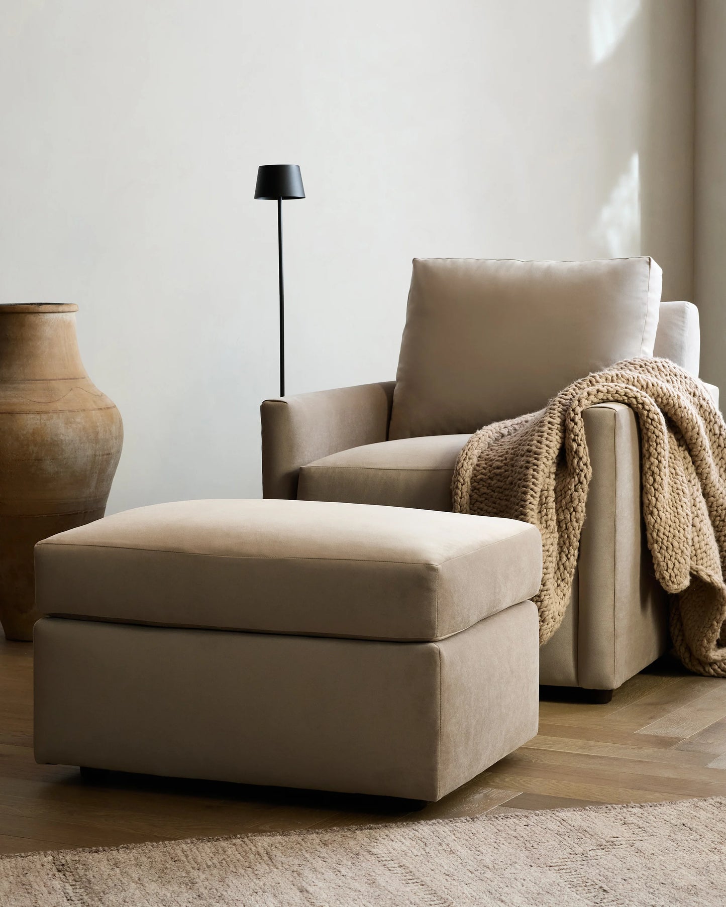 Brennan Ottoman in Performance Velvet - One Size / Taupe