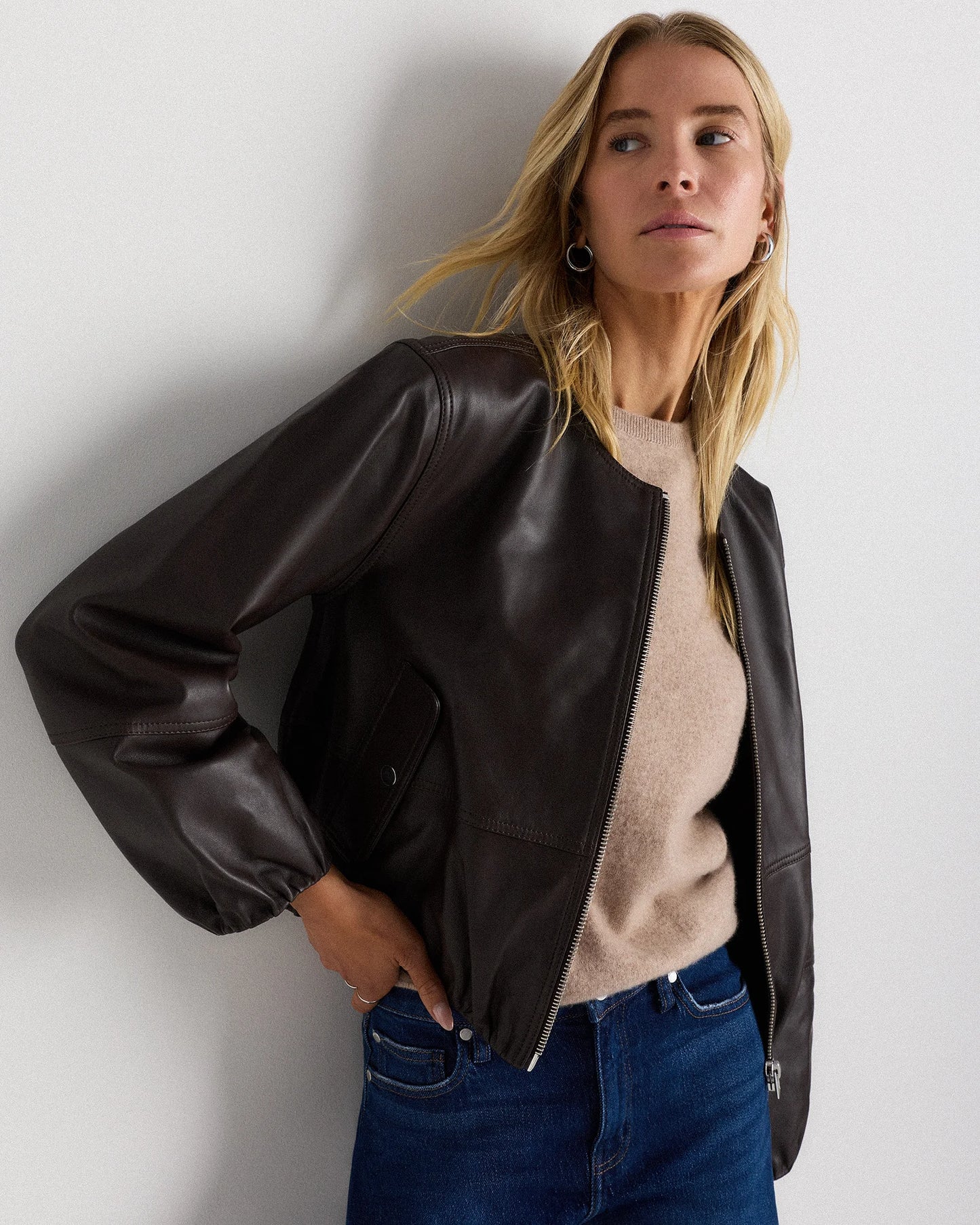 100% Leather Collarless Cropped Bubble Hem Jacket - XS / True Black