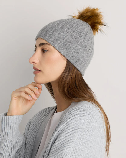 Mongolian Cashmere Pom Pom Beanie - One Size / Oatmeal