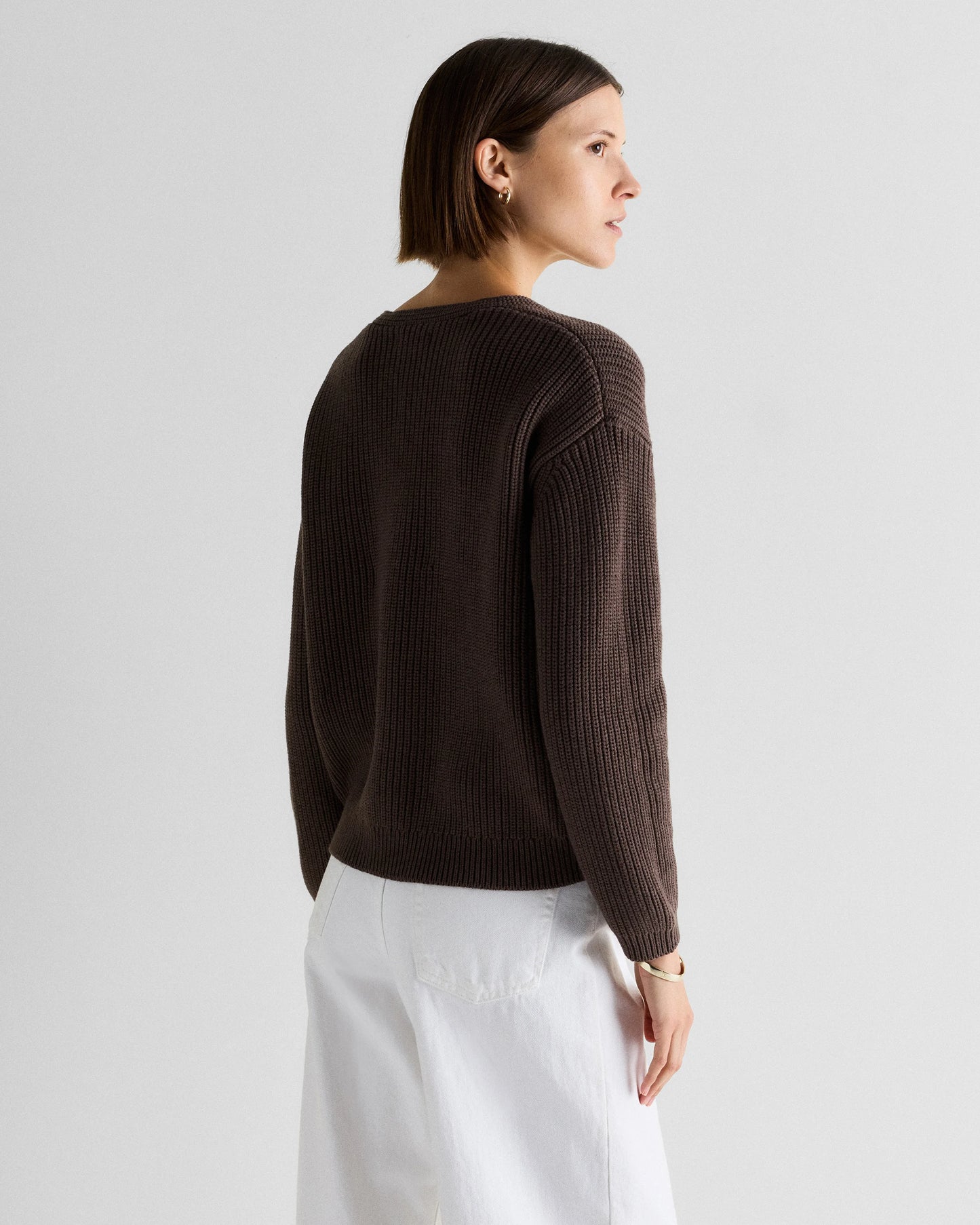100% Organic Cotton Fisherman V-Neck Sweater - XS / Heather Brown
