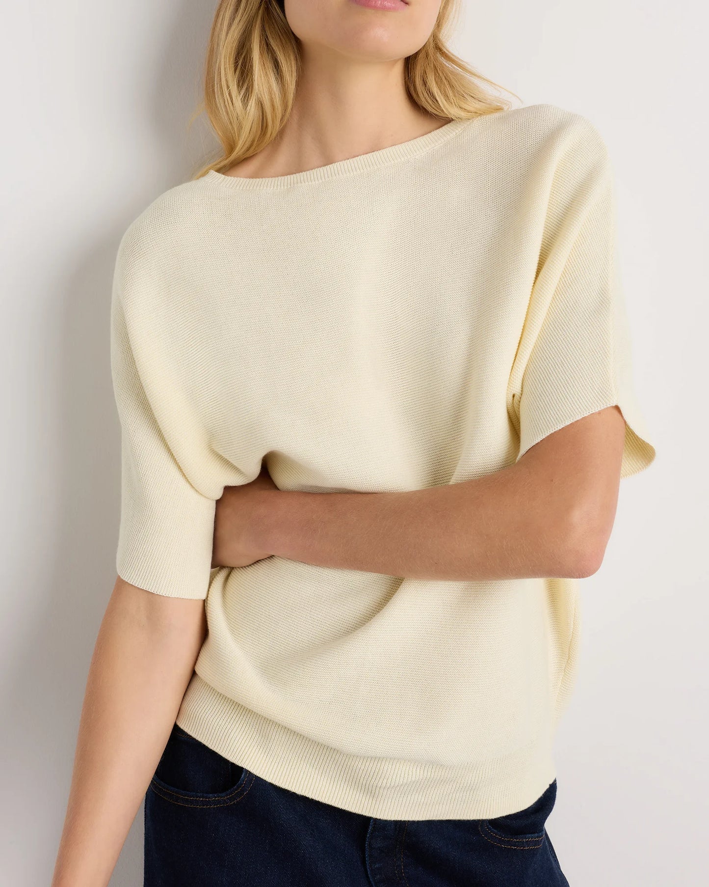 Lightweight Cotton Cashmere Link-Stitch Dolman Sweater - XS / Sugar Stone