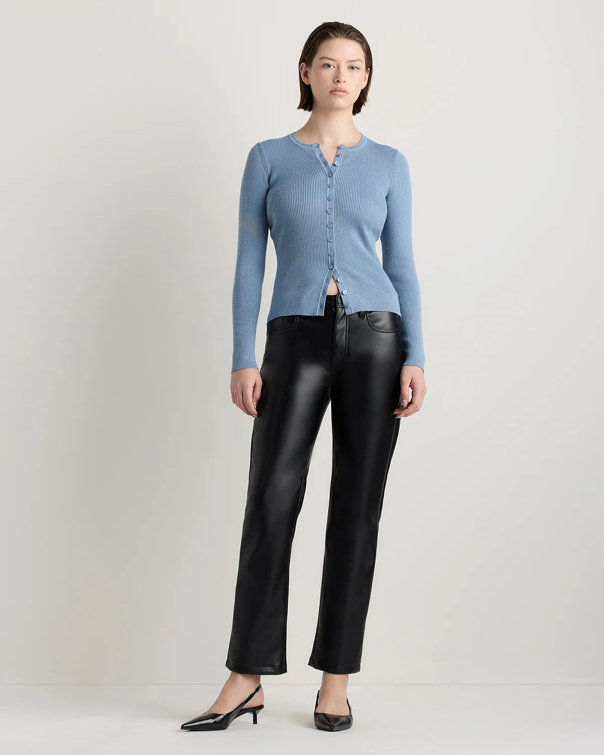 Cotton Cashmere Fitted Ribbed Cardigan - XS / Mocha Heather