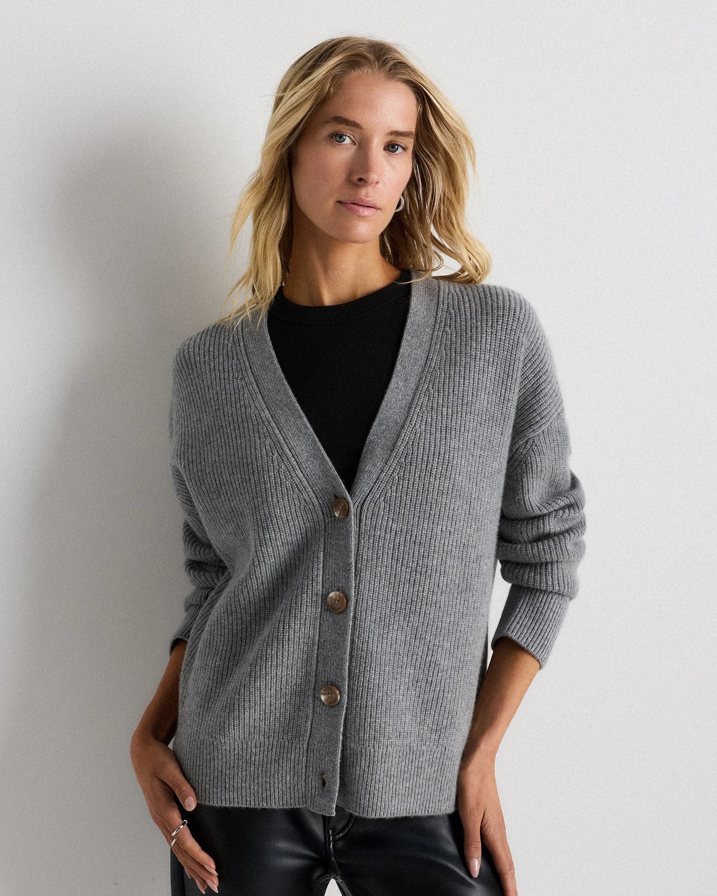 Mongolian Cashmere Fisherman Boxy Cropped Cardigan Sweater - XS / Faded Denim
