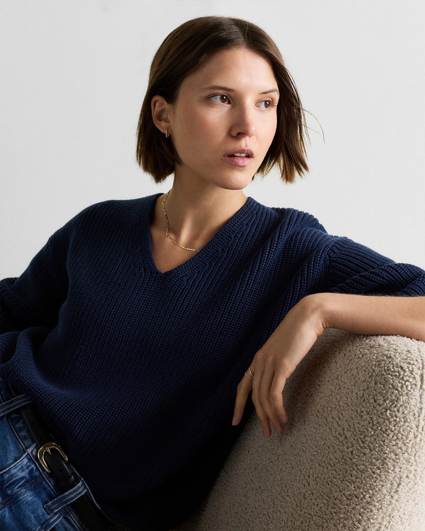 100% Organic Cotton Fisherman V-Neck Sweater - XS / Heather Brown