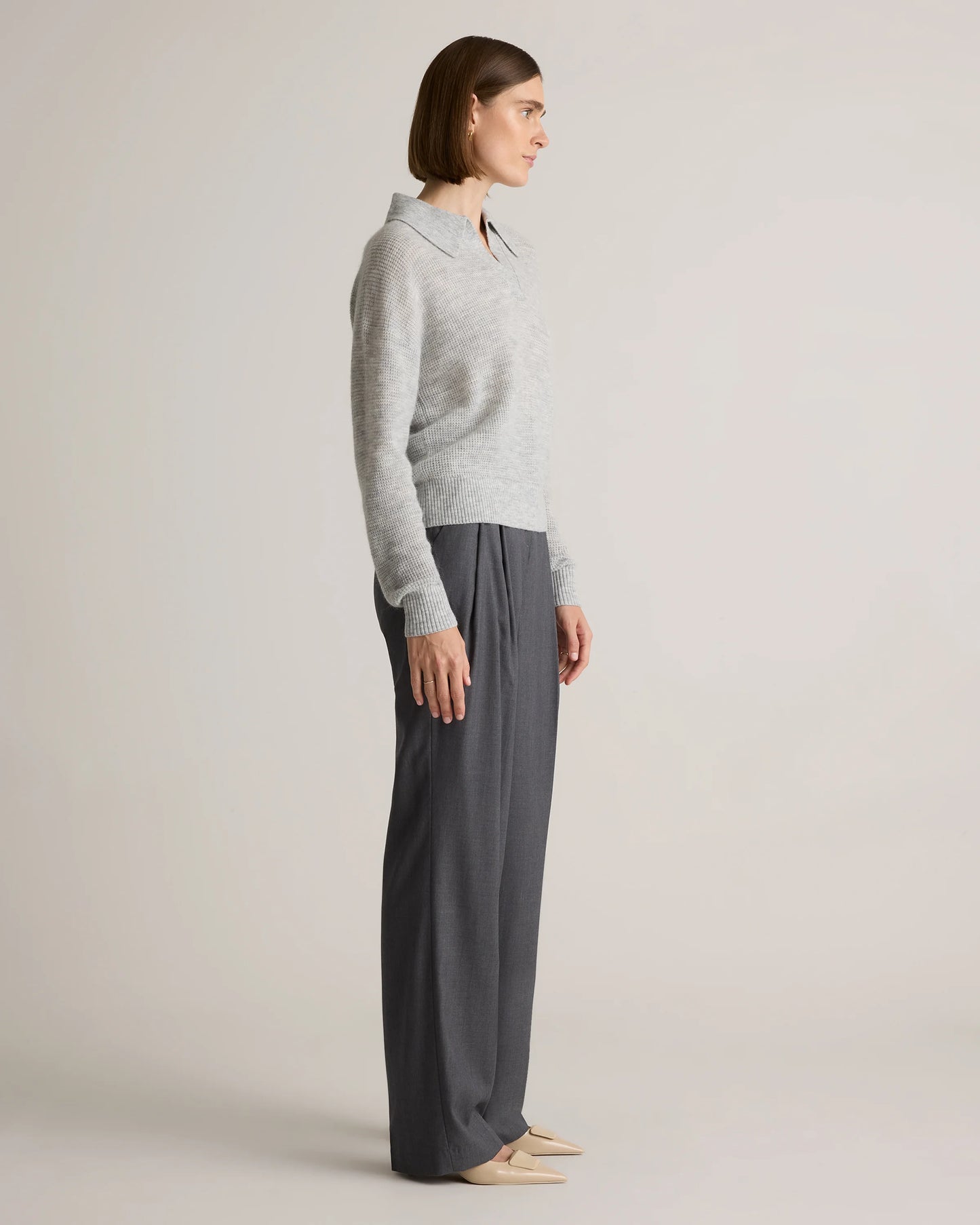 Baby Alpaca-Wool Waffle Stitch Polo Sweater - XS / Ivory