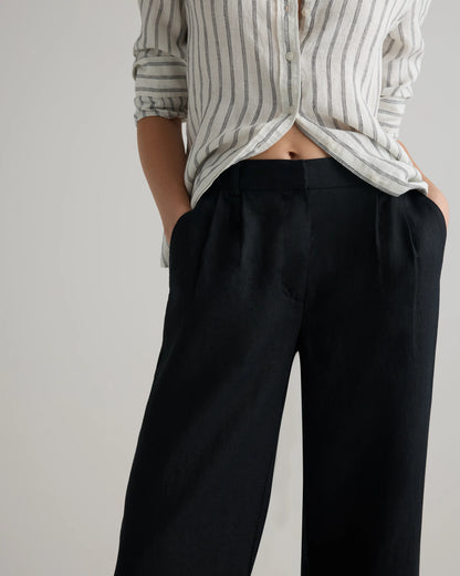 100% European Linen Pleated Trouser - 6 / Deep Navy