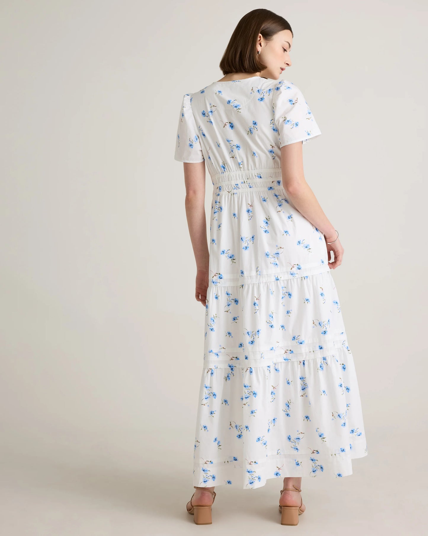 100% Organic Cotton Poplin Tiered Maxi Dress - XS / Riviera Blue Heirloom Floral