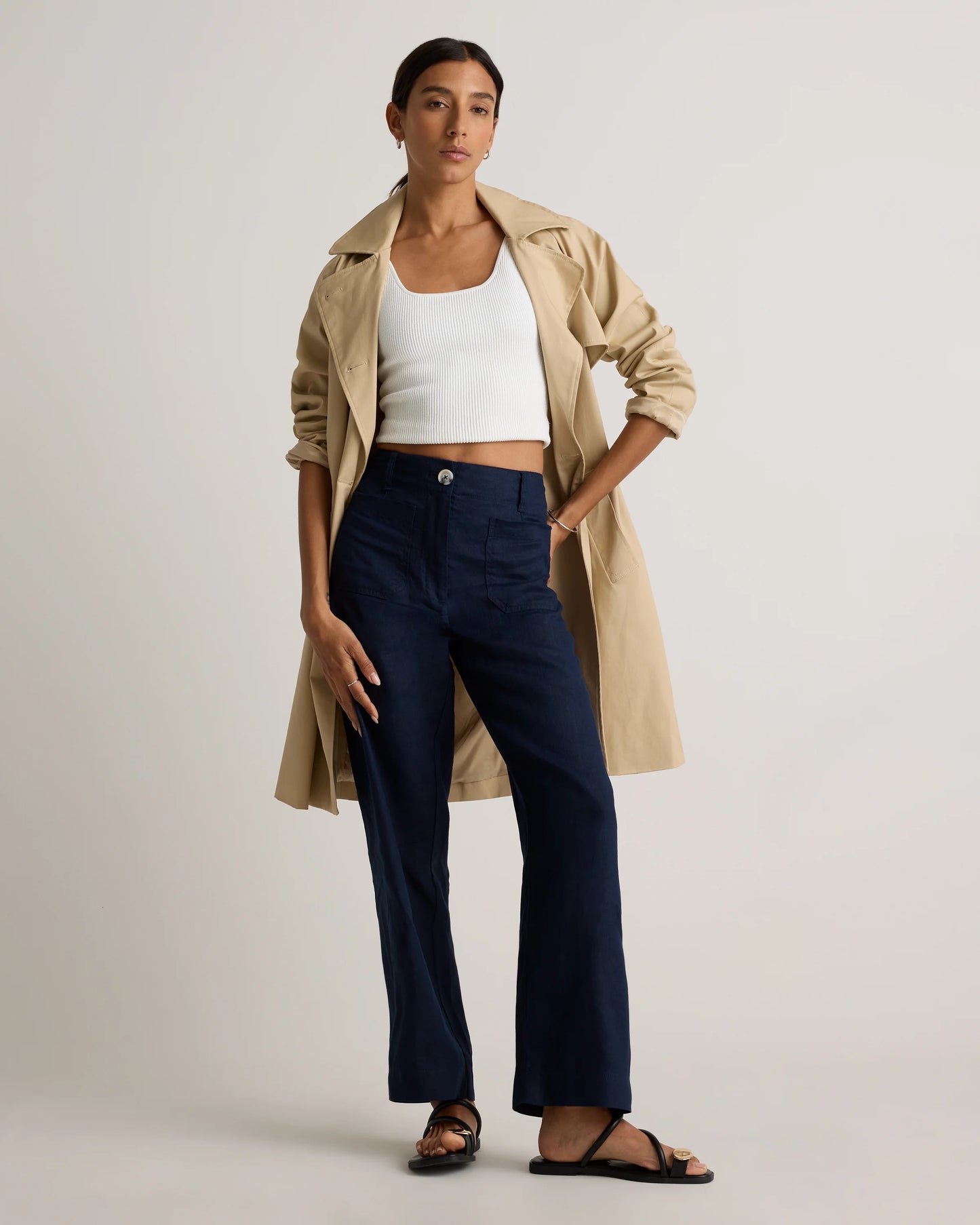 100% European Linen Patch Pocket Wide Leg Pants - 0 / Taupe Brown Chambray
