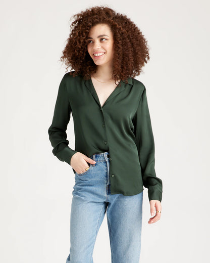 Washable Stretch Silk Notch Collar Blouse - XS / Moonstone Blue