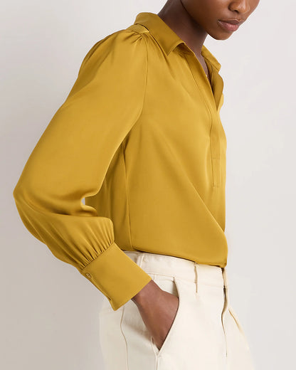 Washable Stretch Silk Split Neck Blouse - XS / Forest Green