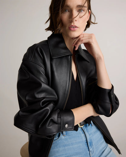 100% Leather Oversized Bomber Jacket - XS / Rich Brown