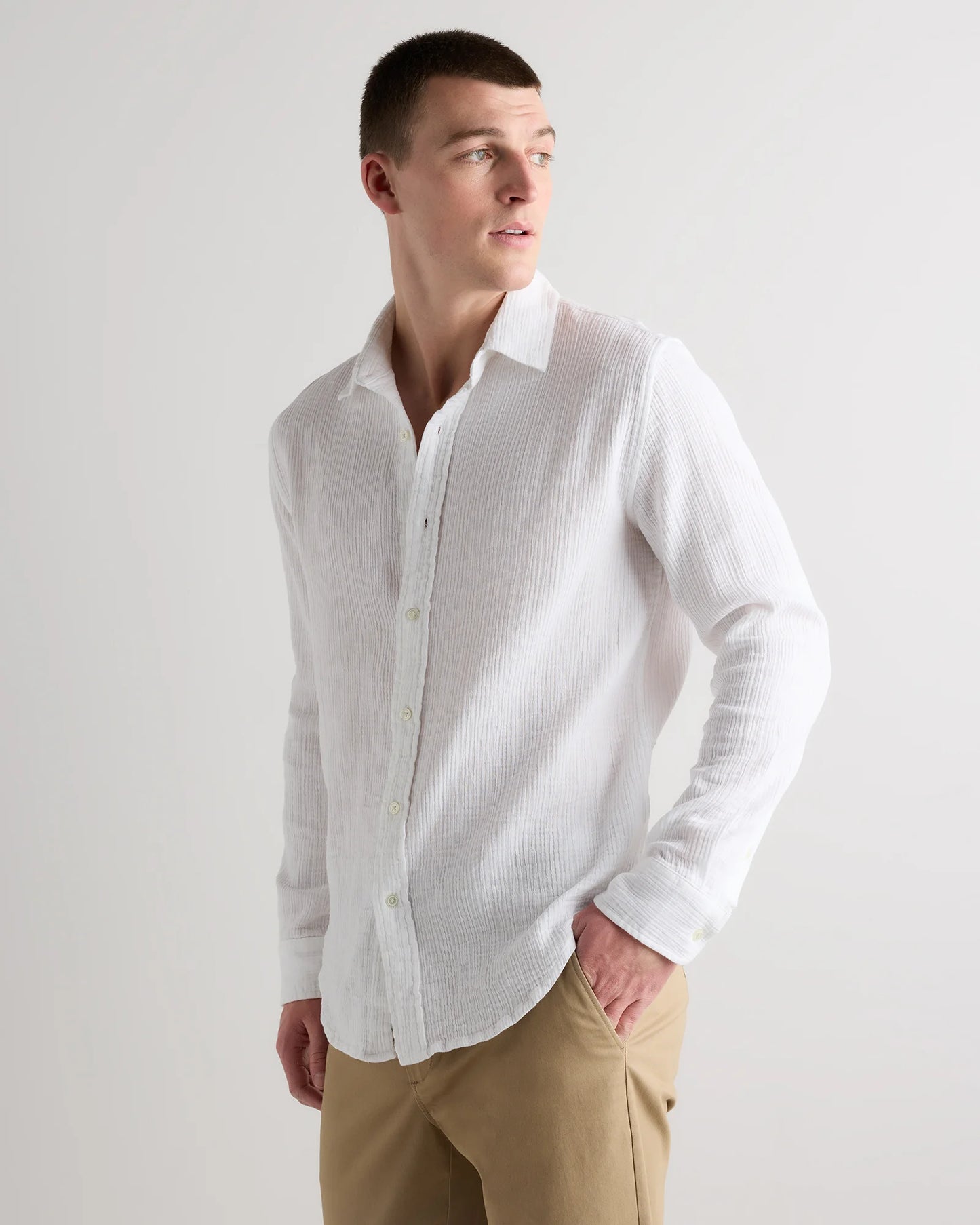 100% Organic Cotton Gauze Long Sleeve Shirt - S / White
