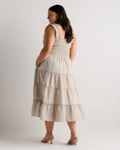 100% European Linen Smocked Midi Dress - 1X / Flax