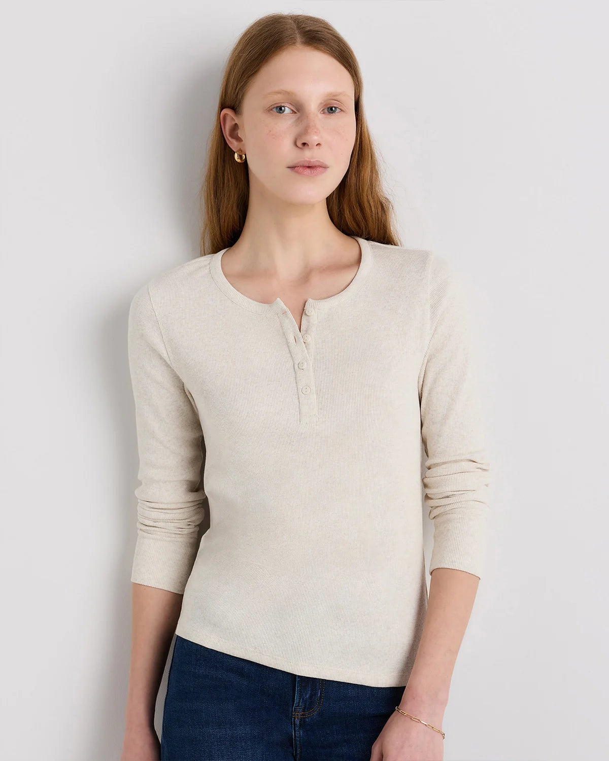 Organic Cotton Micro-Rib Henley Long Sleeve Tee - XS / Heather Oatmeal