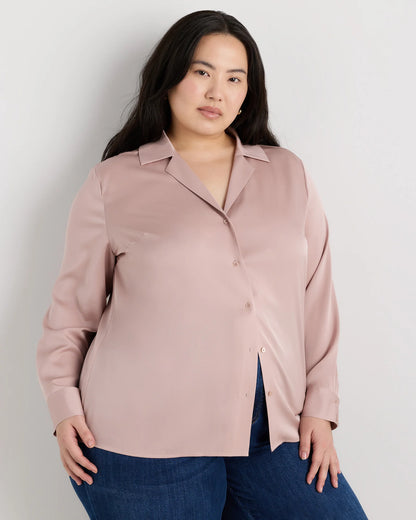 Washable Stretch Silk Notch Collar Blouse - 1X / Vintage Pink