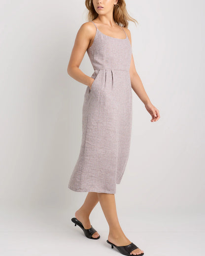 100% European Linen Scoop Neck Midi Dress - XS / Ivory Porcelain Blue Petite Floral
