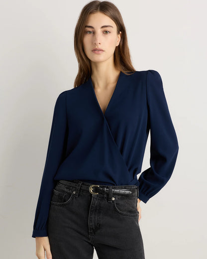 Fluid Crepe Surplice Long Sleeve Blouse - XS / Textured Navy