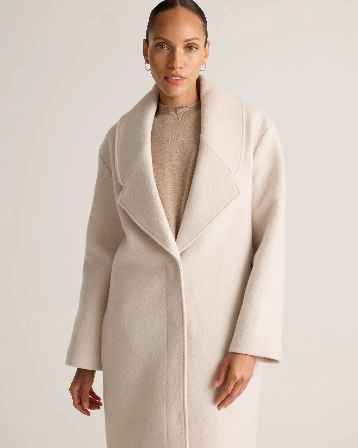 100% Merino Wool Shawl Collar Long Coat - XS / Heather Bone