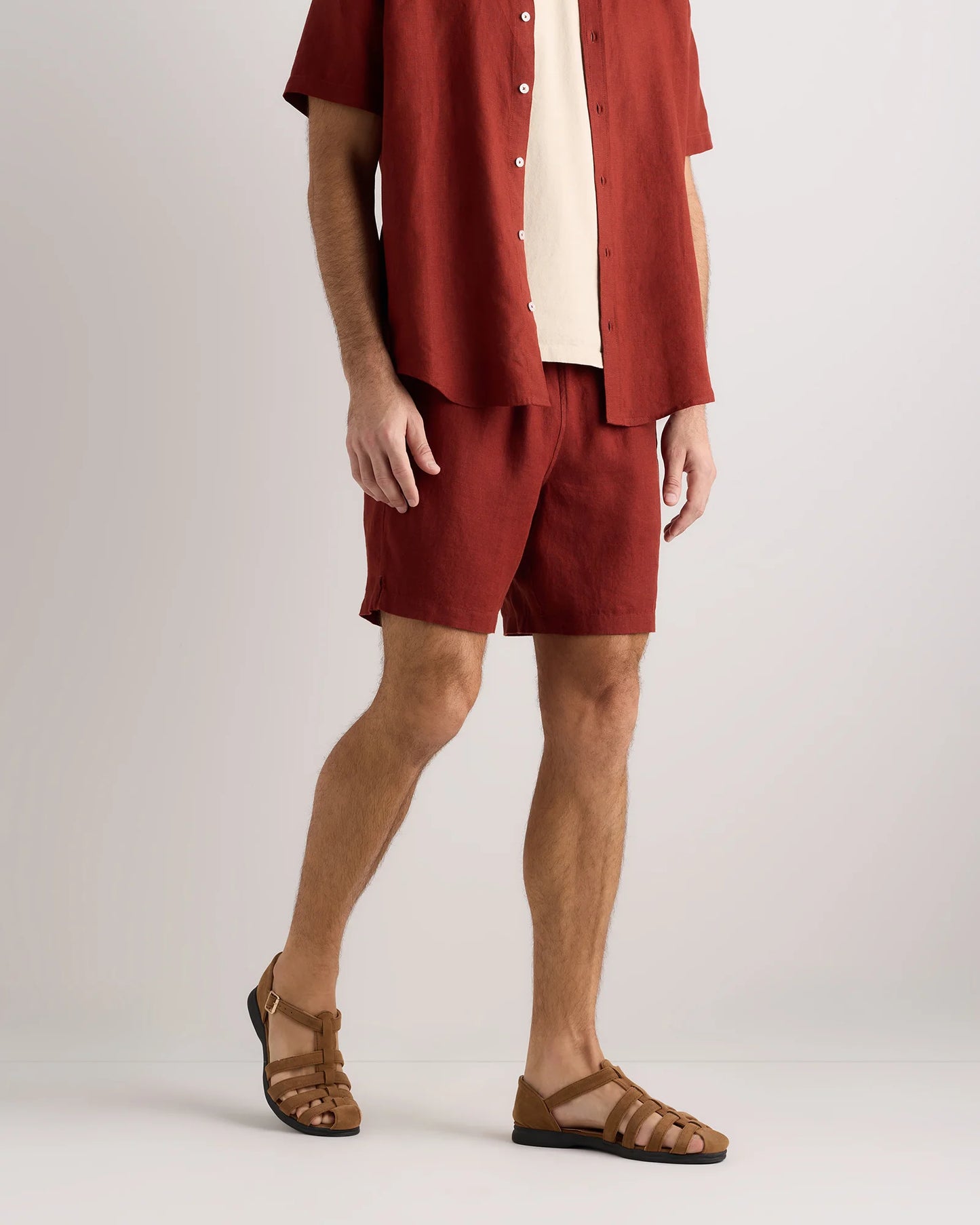 100% European Linen Drawstring Beach Shorts - 7" - XS / Taupe Brown Chambray
