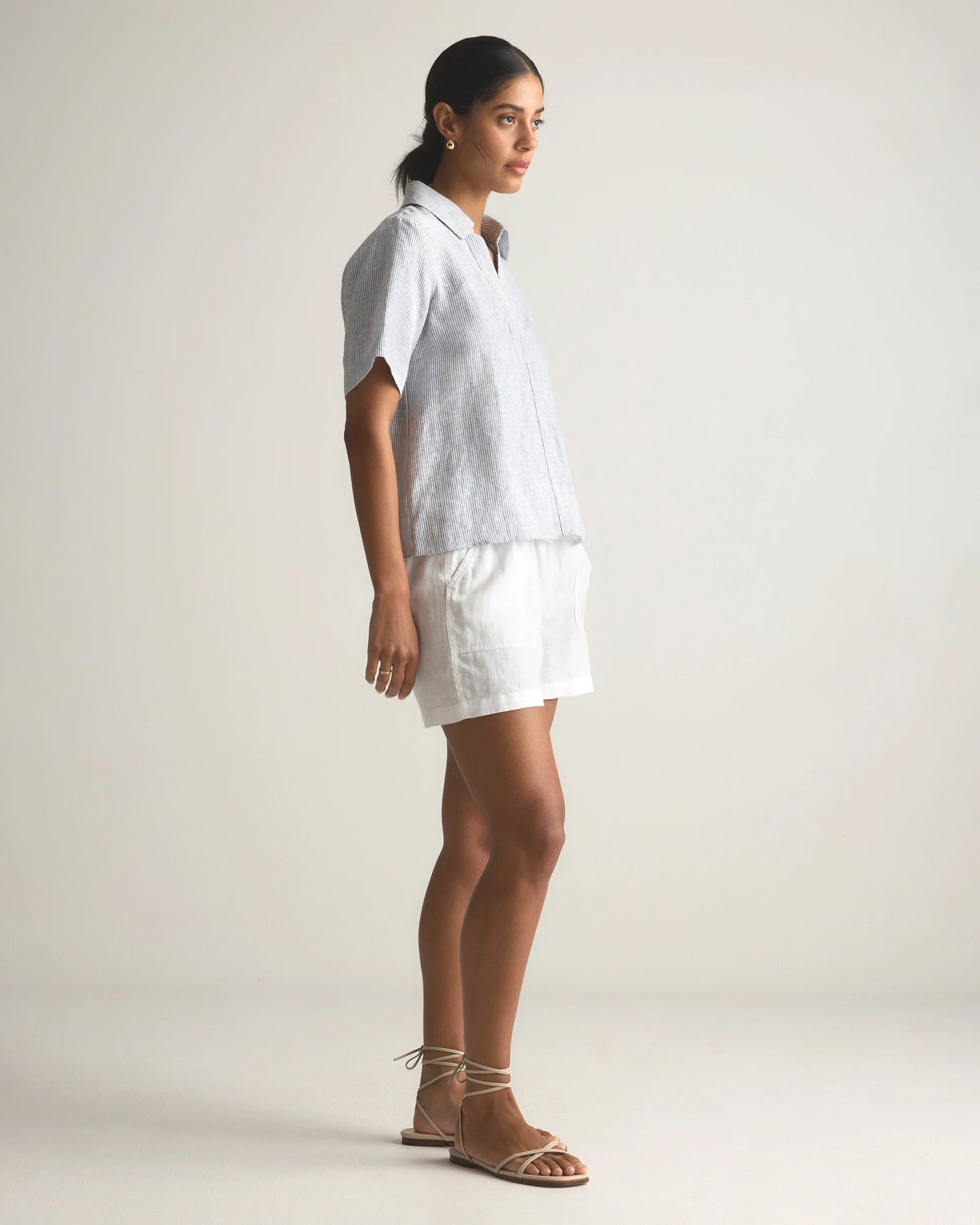 100% European Linen Short Sleeve Popover Top - XS / Blue Pinstripe