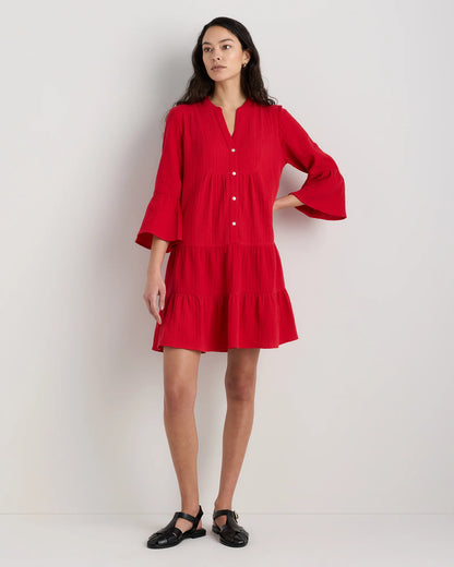 100% Organic Cotton Gauze Long Sleeve Tiered Mini Dress - XS / Amaranth Pink