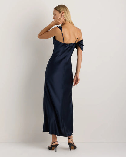 100% Washable Silk Draped Shoulder Maxi Dress - XS / Navy