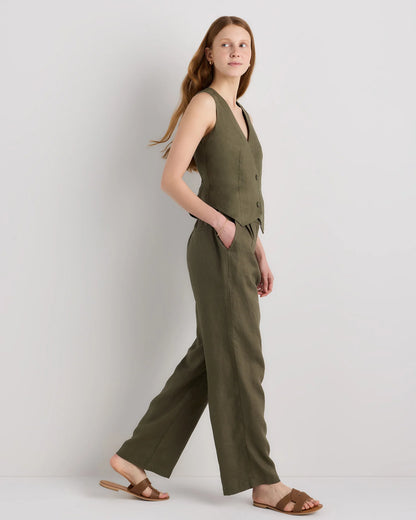 100% European Linen Pleated Trouser - 0 / Bayberry Olive
