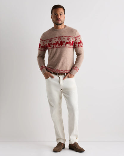 Mongolian Cashmere Fair Isle Christmas Sweater - S / Oatmeal/Varsity Red