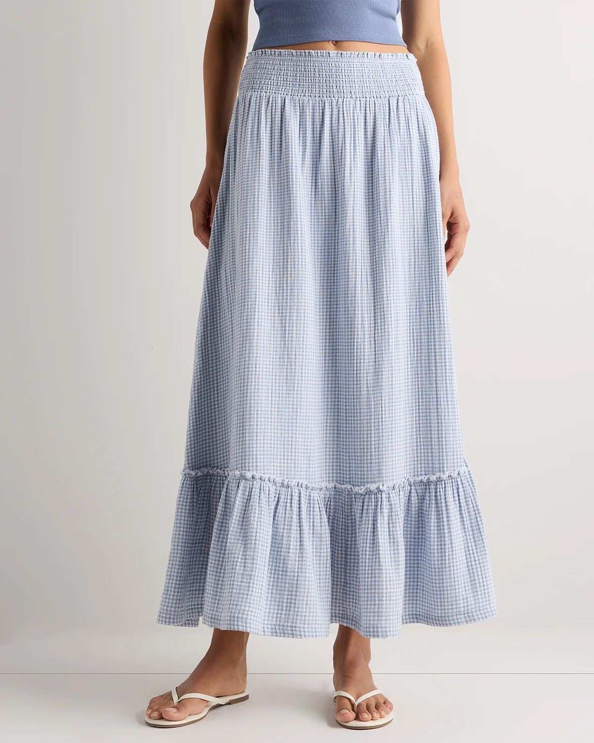 100% Organic Cotton Gauze Smocked Maxi Skirt - XS / Blue Gingham