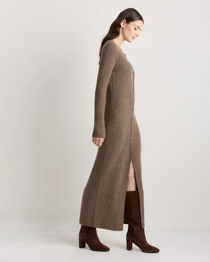 100% Yak Wool Ribbed Cardigan Sweater Dress - XS / Heather Brown