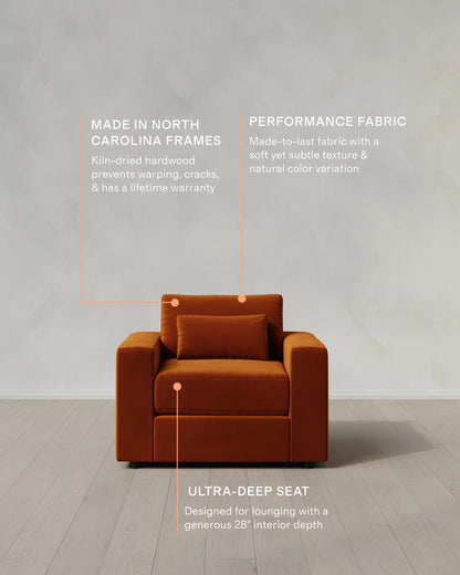 Ashford Deep Seat Chair and a Half in Performance Velvet - 46" / Caramel