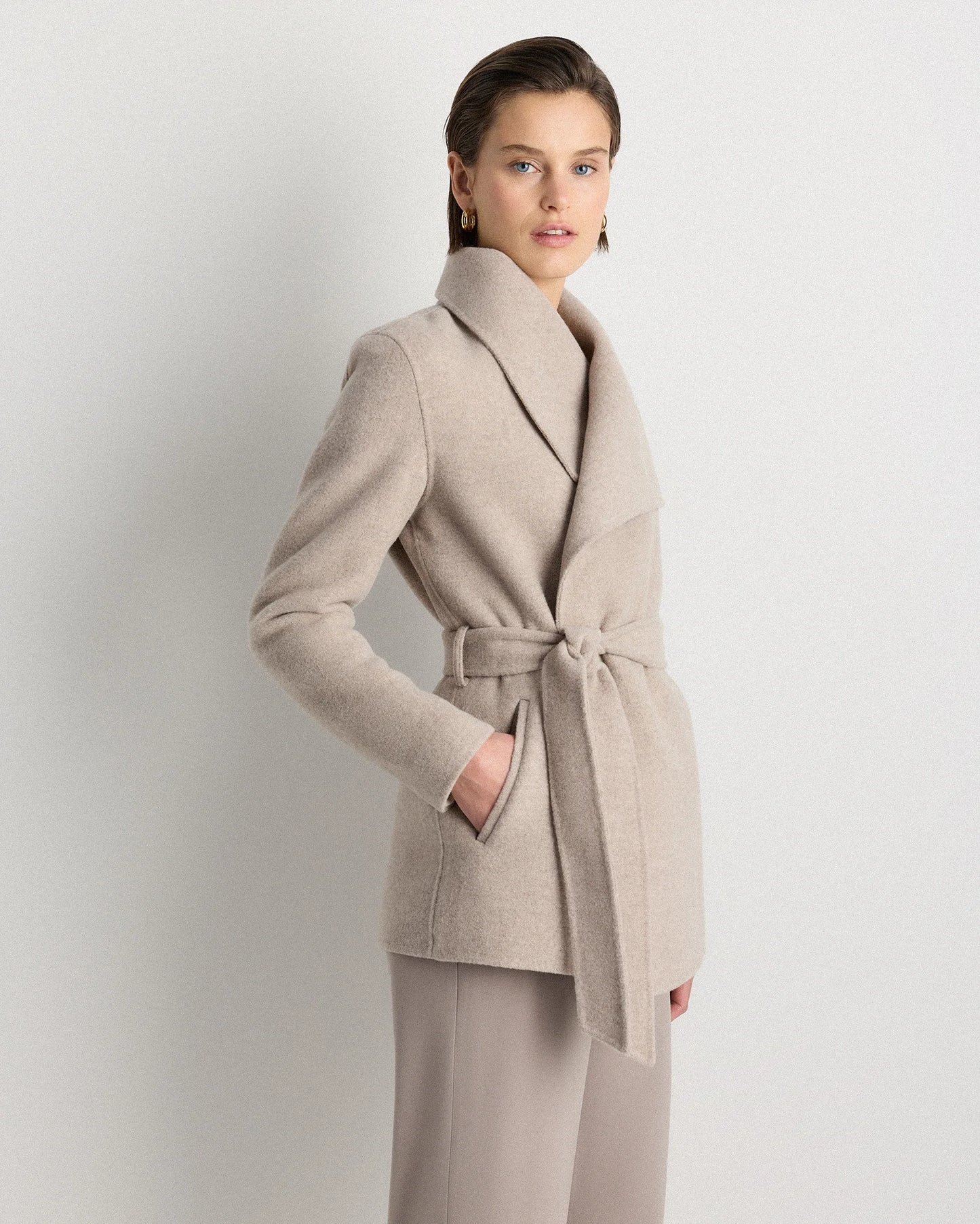 Double-Faced Merino Wool Draped Collar Short Wrap Coat - XS / Cocoa Melange