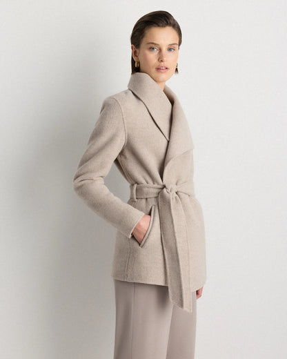 Double-Faced Merino Wool Draped Collar Short Wrap Coat - XS / Cocoa Melange