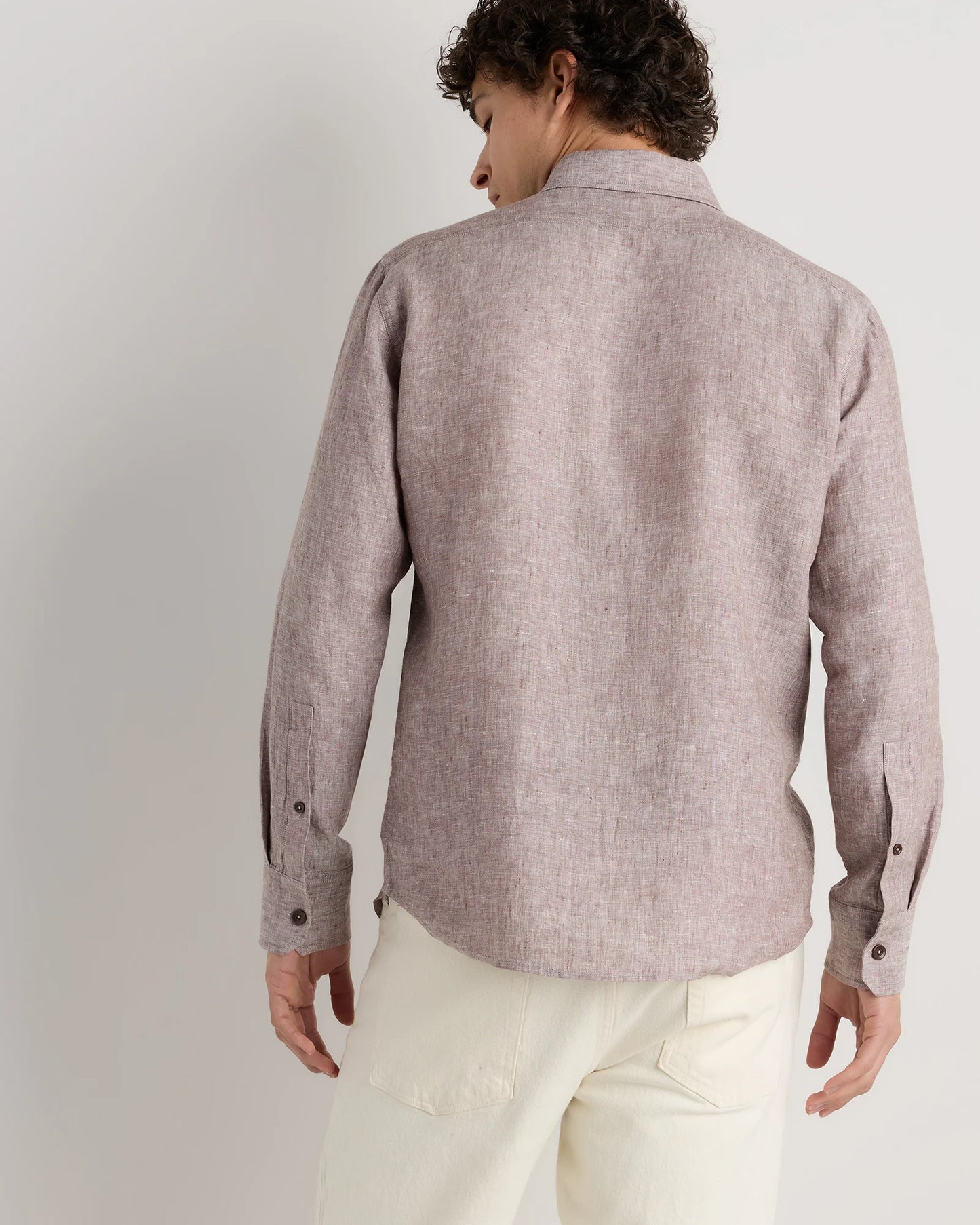 100% European Linen Utility Shirt - S / Taupe Brown Chambray
