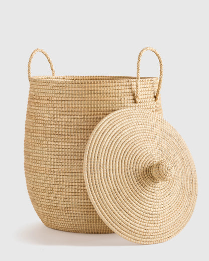 Handwoven Seagrass Lidded Storage Baskets (Set of 3) - Set of 3 (S/M/L) / White Wash