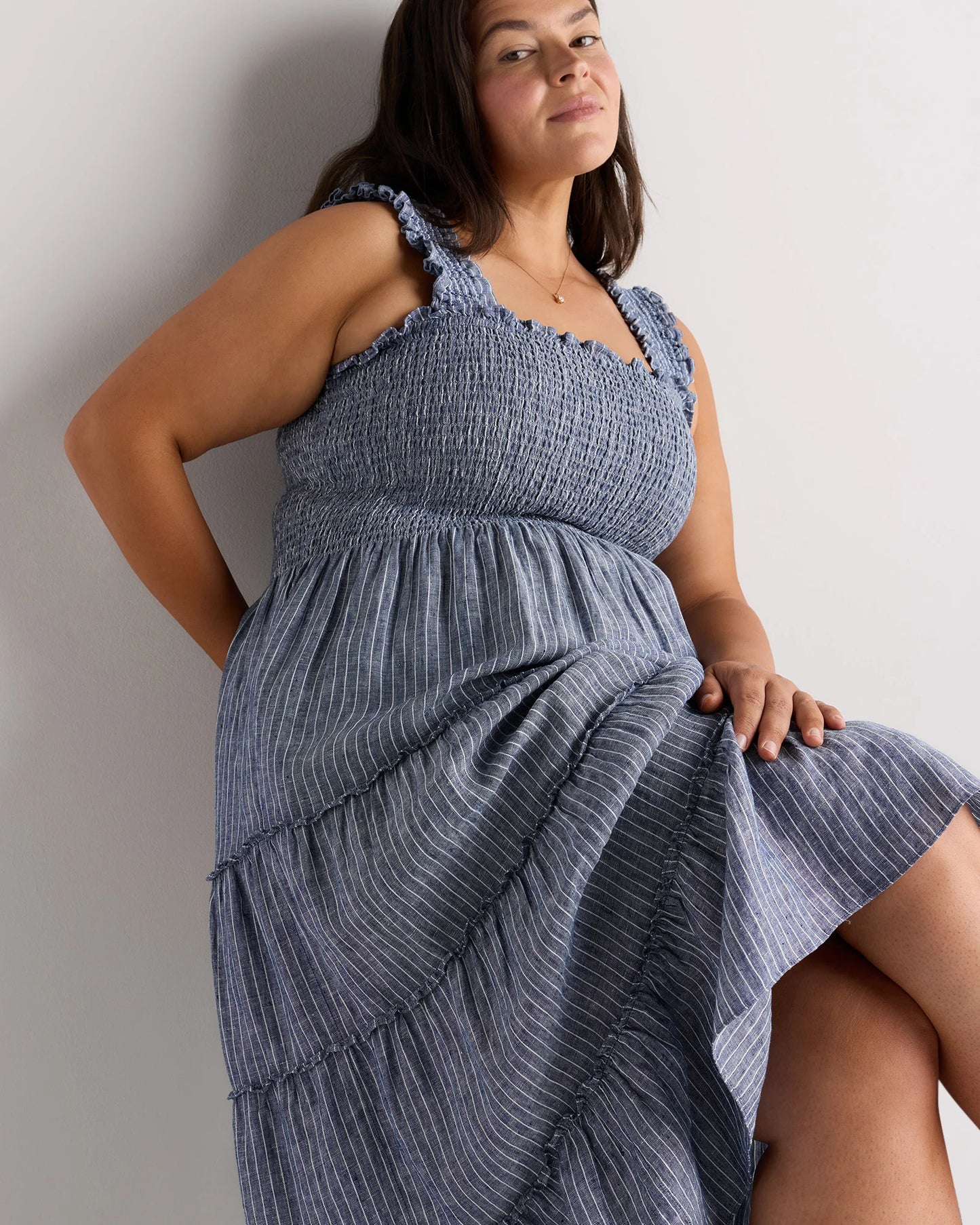 100% European Linen Smocked Midi Dress - 1X / Flax