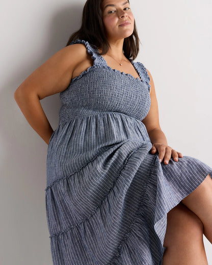 100% European Linen Smocked Midi Dress - 1X / Flax