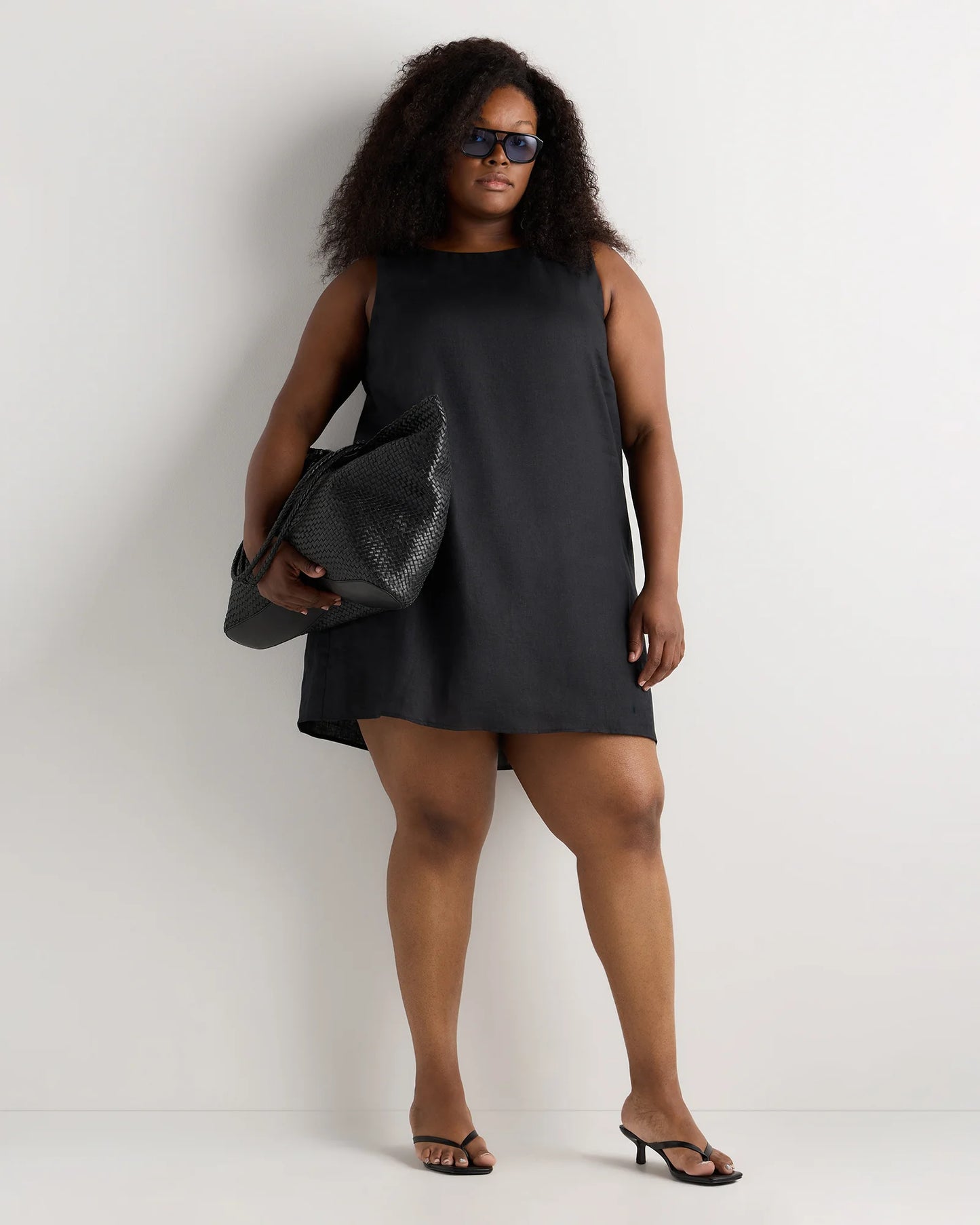 100% European Linen Tank Mini Dress - 1X / Black