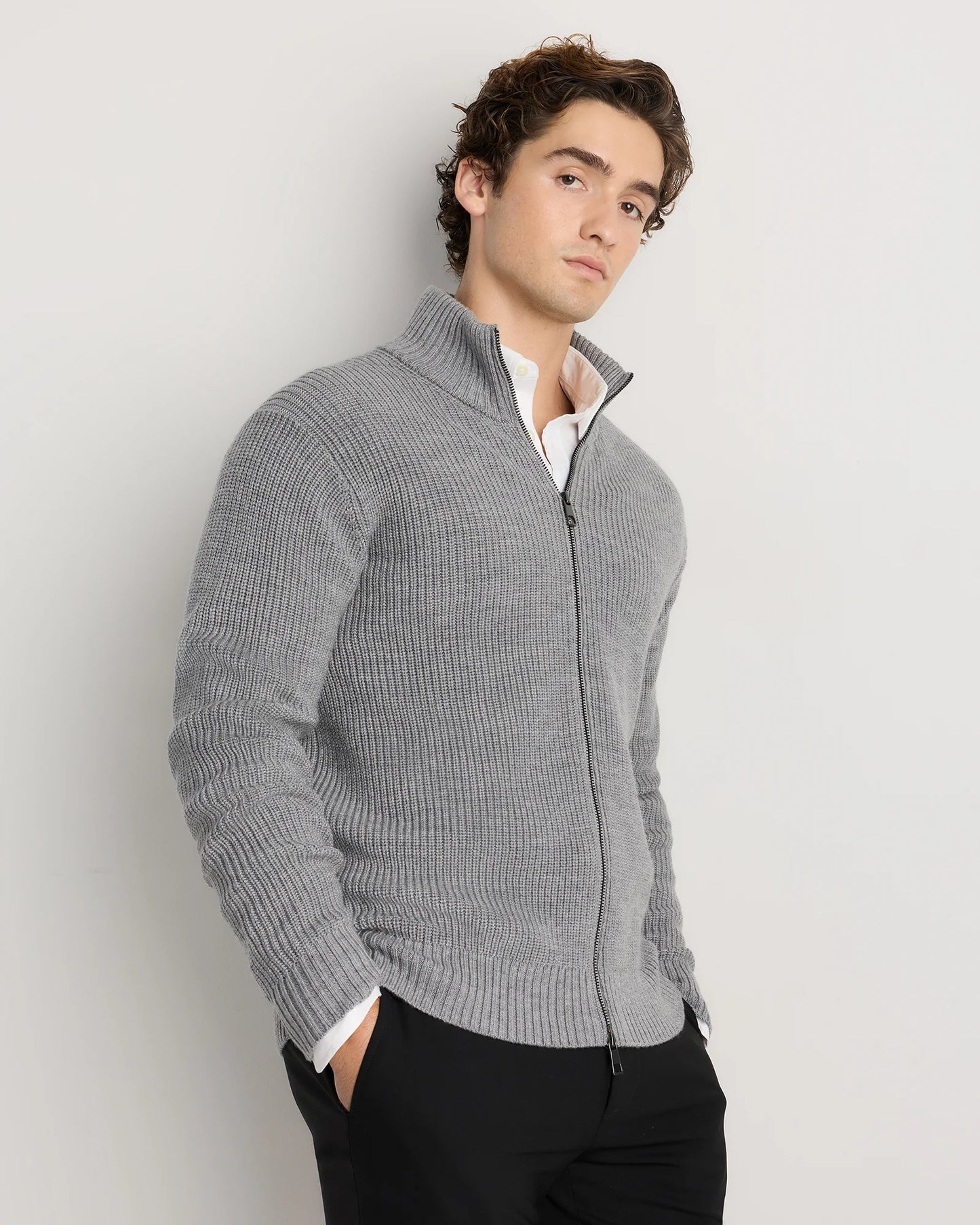 Australian Merino Wool Full Zip Sweater - S / Heather Bone