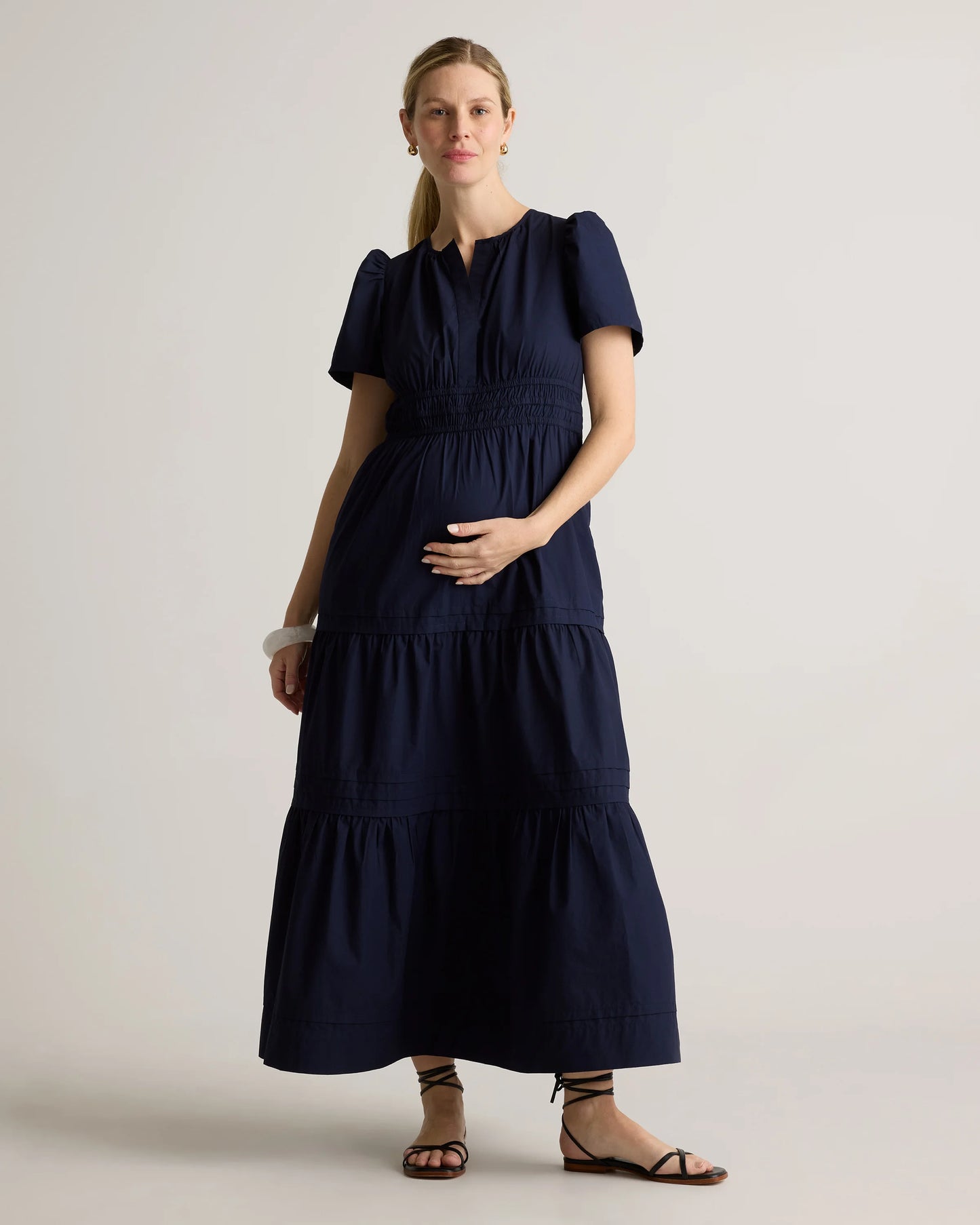 100% Organic Cotton Poplin Maternity Tiered Maxi Dress - XS / Riviera Blue Heirloom Floral