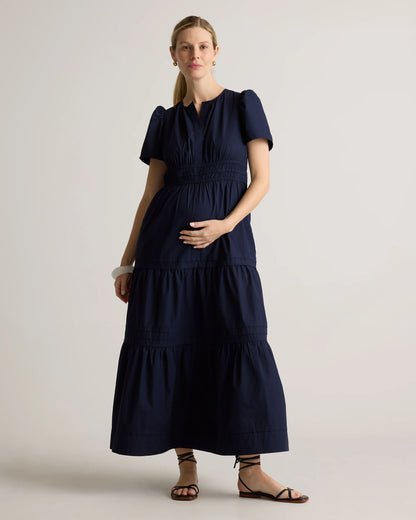 100% Organic Cotton Poplin Maternity Tiered Maxi Dress - XS / Riviera Blue Heirloom Floral