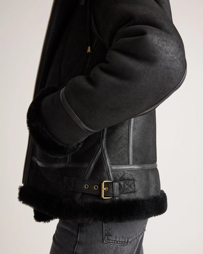 100% Shearling Cold Weather Bomber Jacket - XS / Black