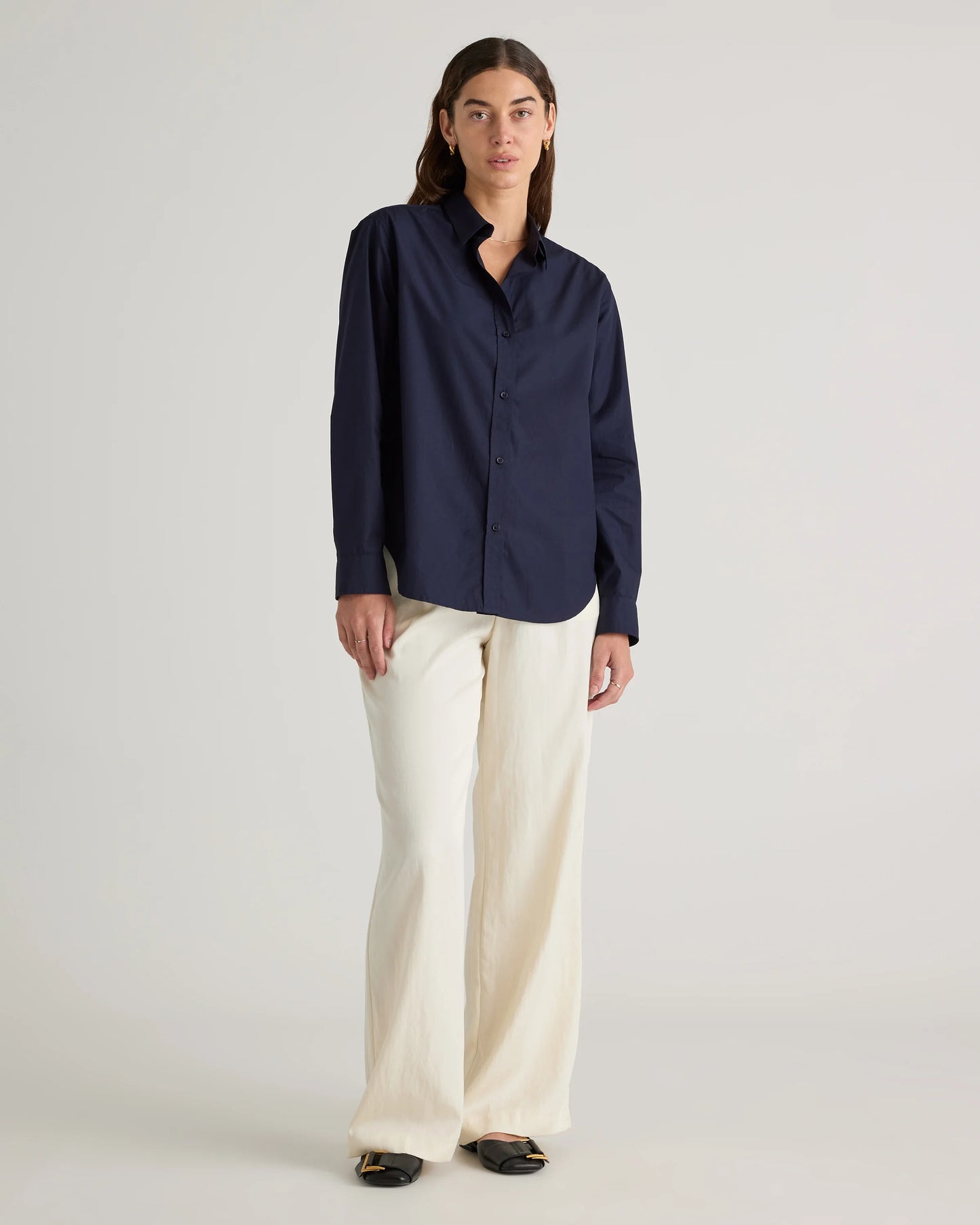 100% Organic Cotton Poplin Long Sleeve Shirt - XS / Delta Blue Double Stripe