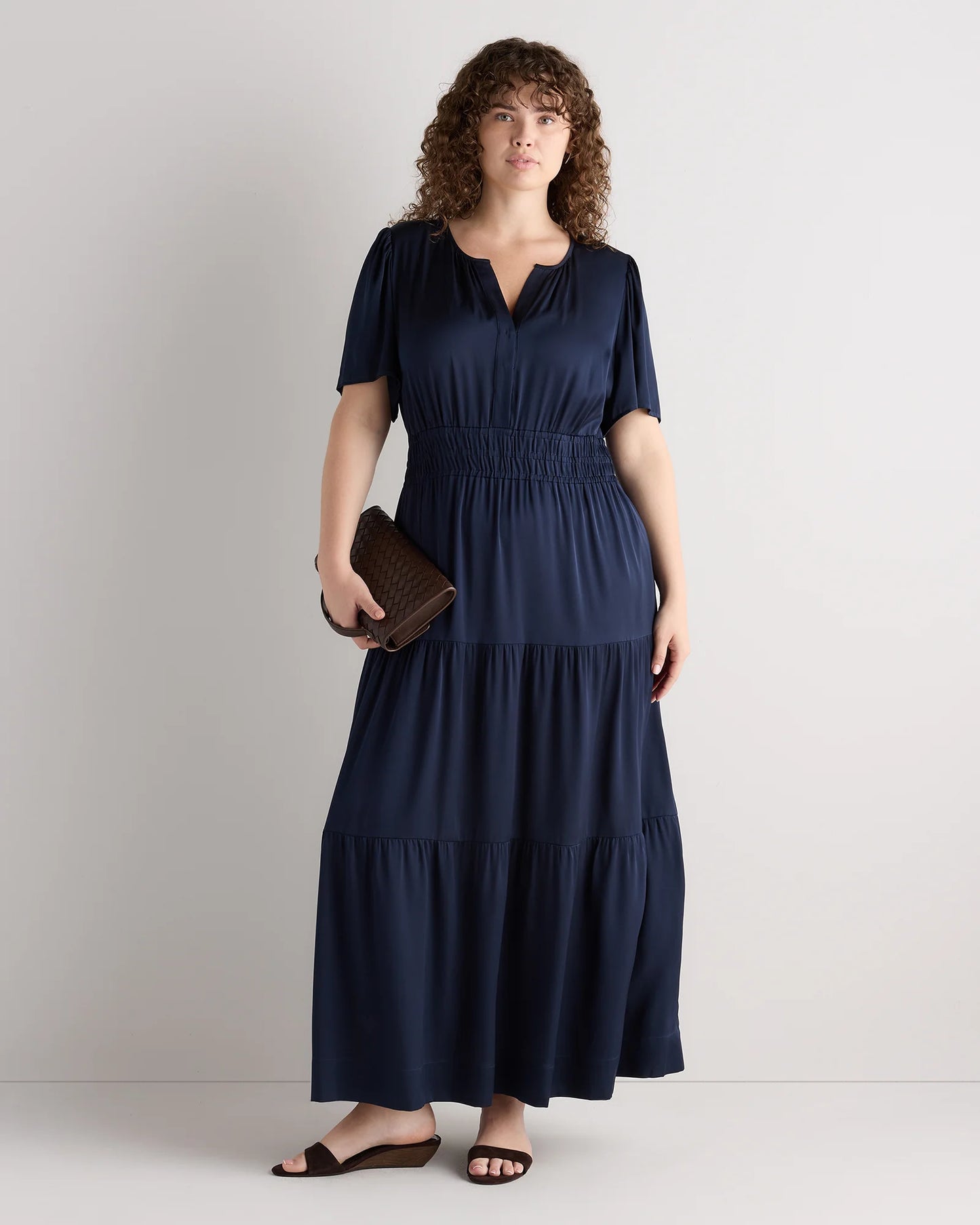 Washable Stretch Silk Tiered Maxi Dress - 1X / Navy