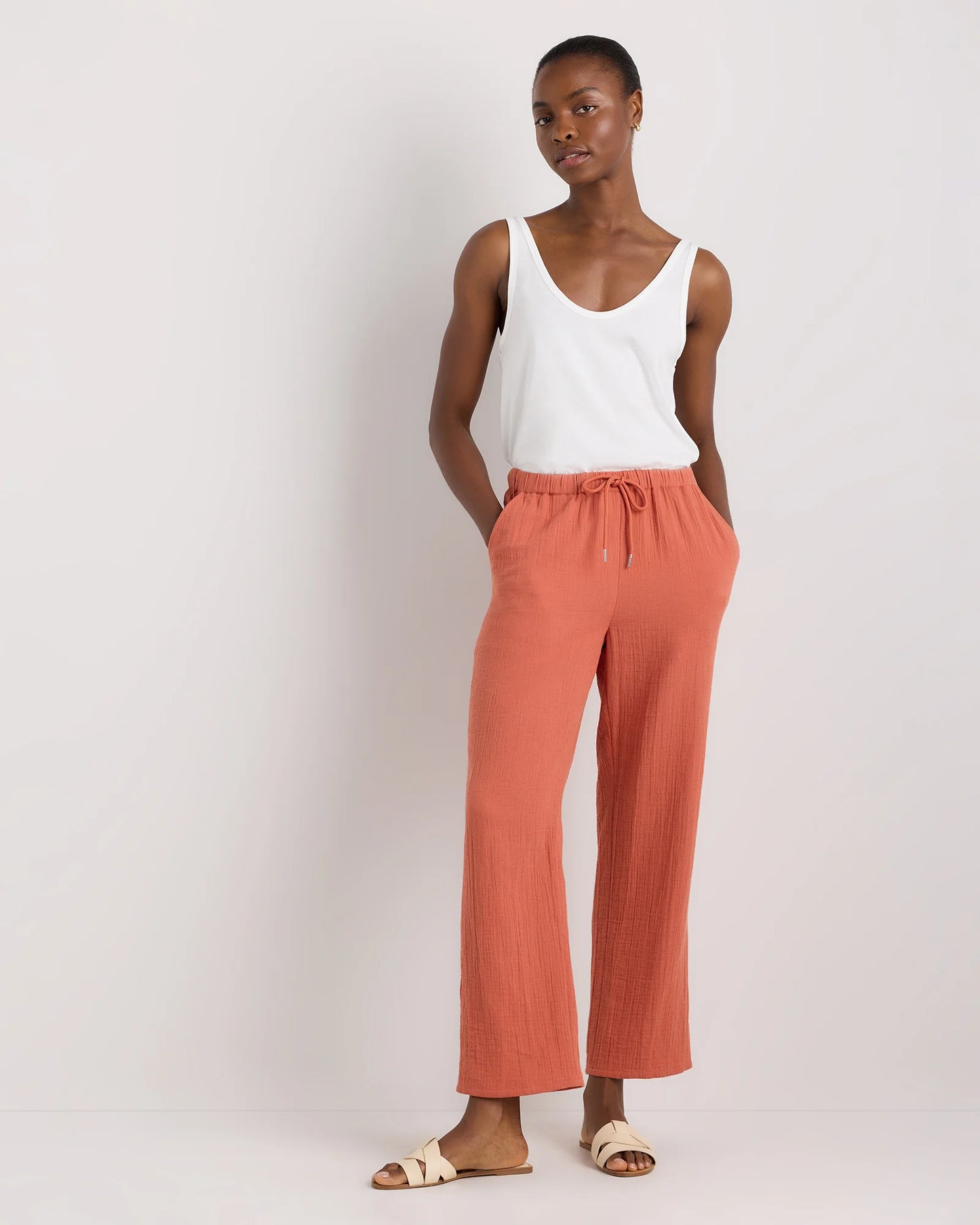 100% Organic Cotton Gauze Straight Leg Pants - XS / Spiced Orange