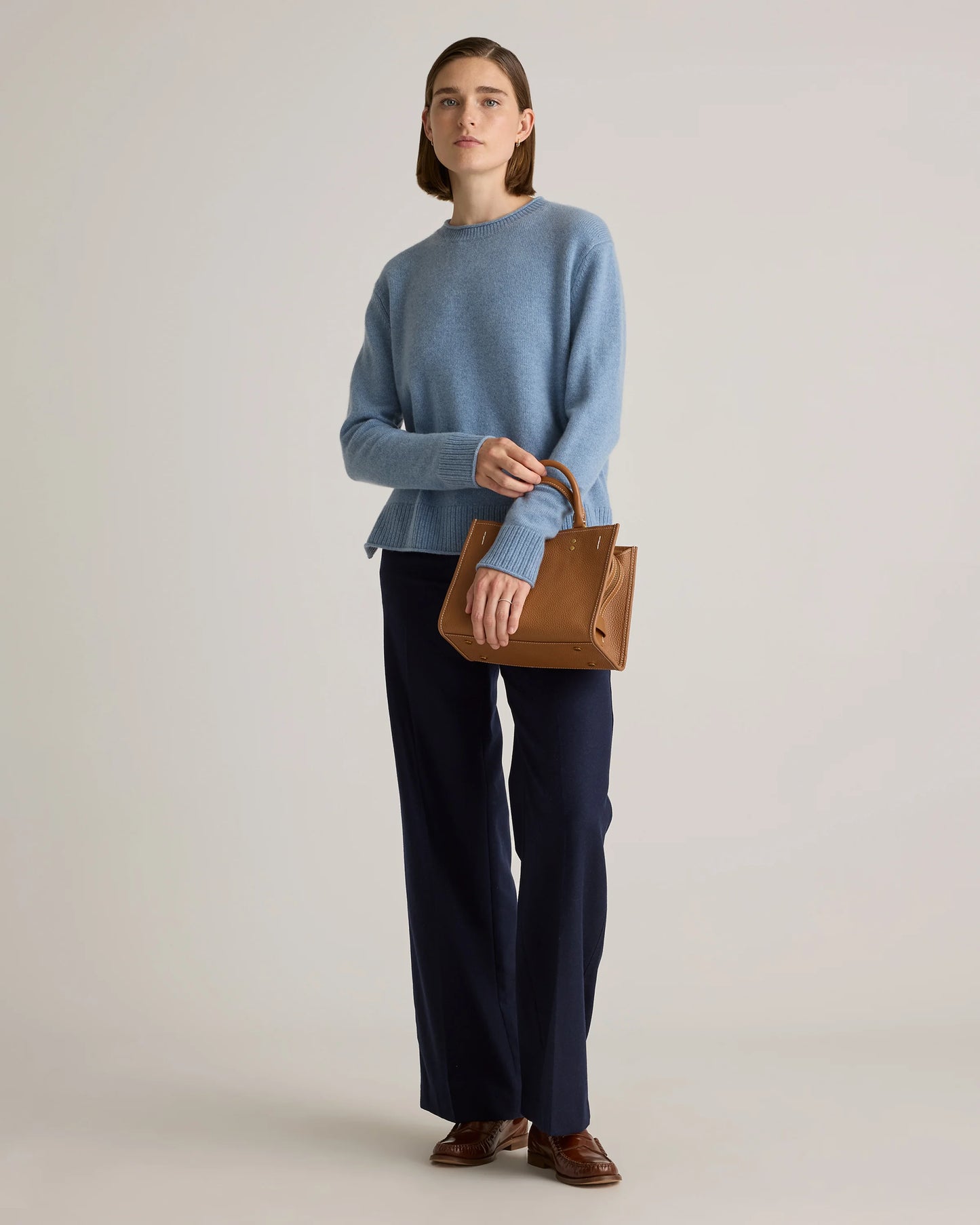 Mongolian Cashmere Boxy Crewneck Sweater - XS / Faded Denim/Brown/Ivory Variegated Stripe