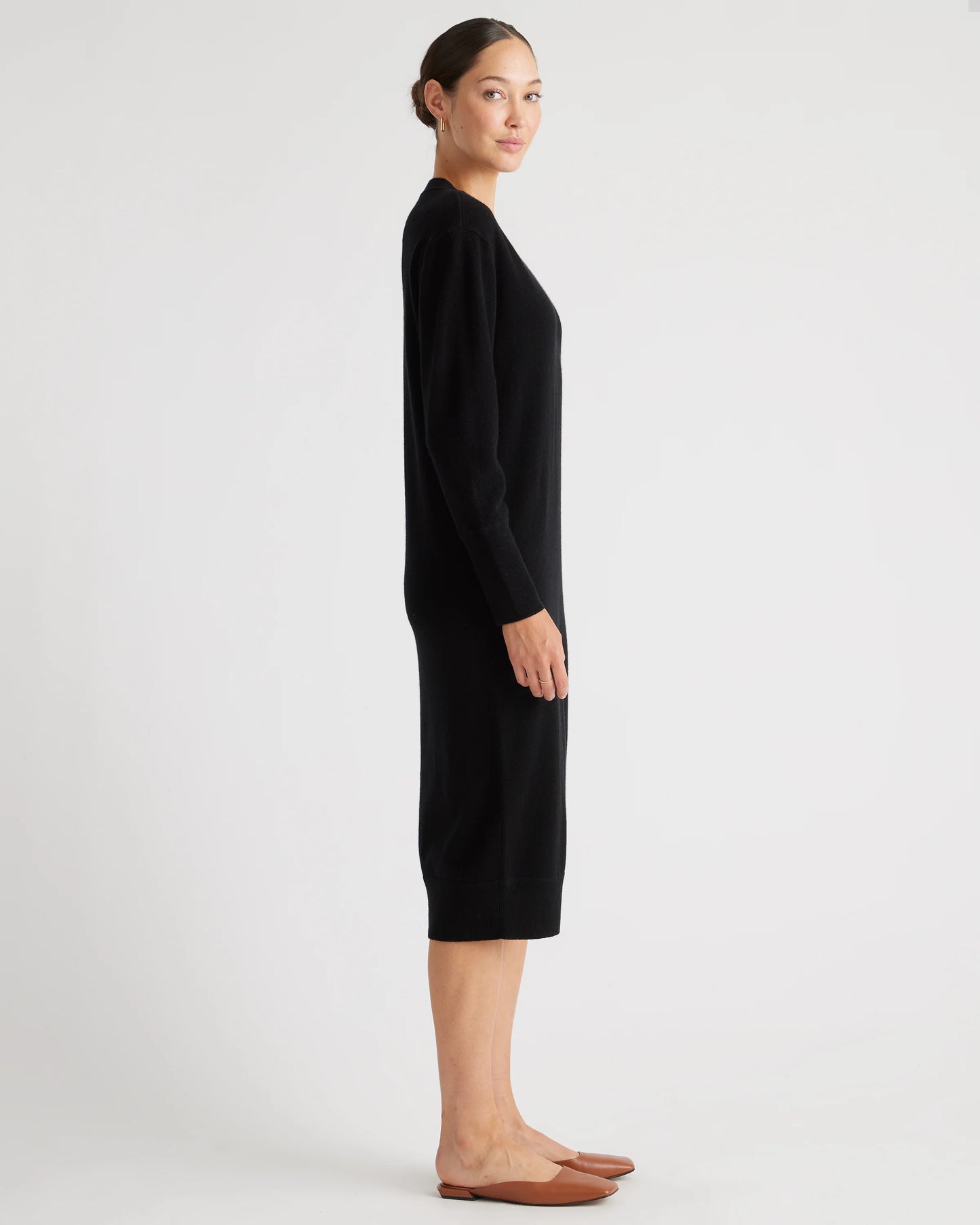 Mongolian Cashmere V-Neck Midi Sweater Dress - XS / Brown