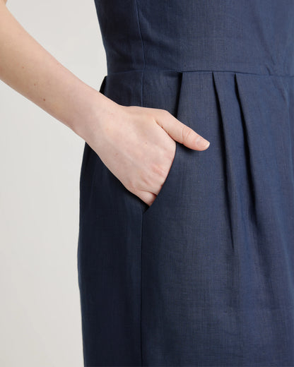 100% European Linen Scoop Neck Midi Dress - XS / Ivory Porcelain Blue Petite Floral